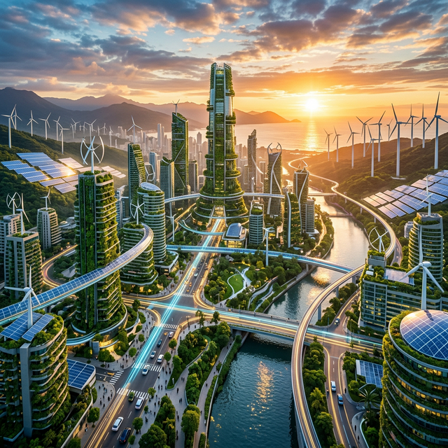 Futuristic sustainable city powered by wind turbines and solar infrastructure at sunrise