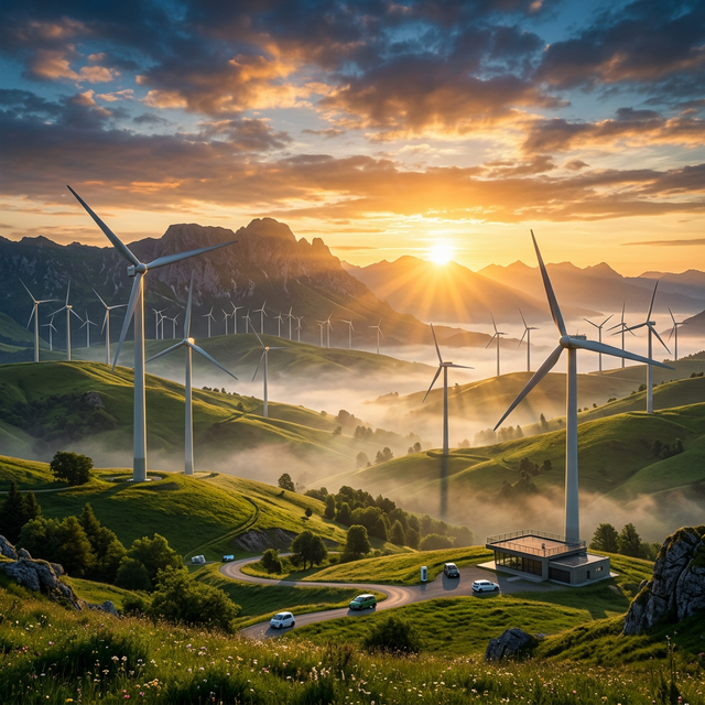 Epic cinematic renewable energy landscape with modern wind turbines at sunrise