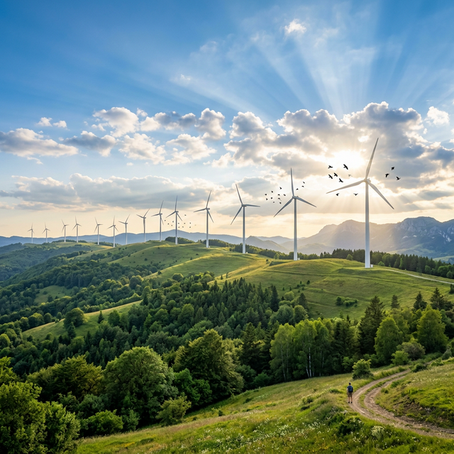 Harmony with nature, pristine landscape with wind turbines