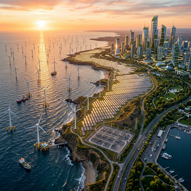 Aerial drone shot of massive coastal wind farm connected to solar installations