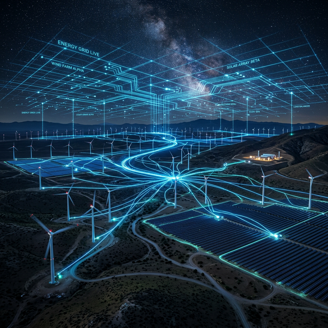 Futuristic digital energy network visualized across landscape