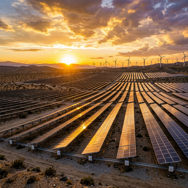 Vast solar panel field stretching across desert landscape