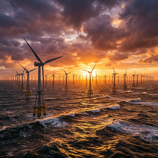 Massive offshore wind farm during dramatic sunset